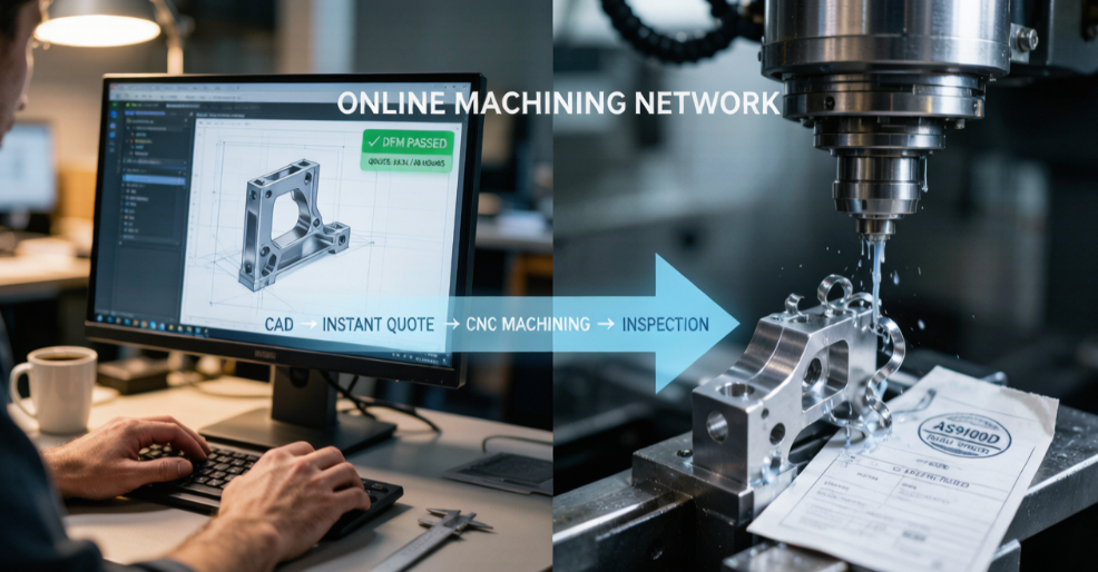 Split-screen view of an engineer working on CAD software with a green