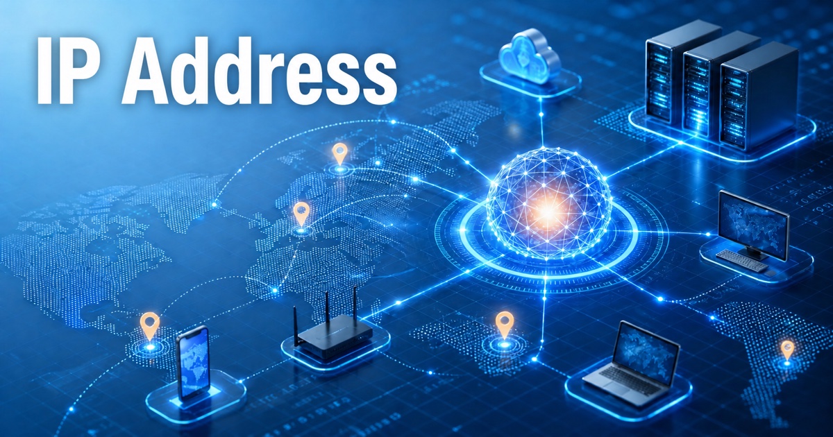 IP Address title over a network map showing geolocation, routing, privacy, and cybersecurity